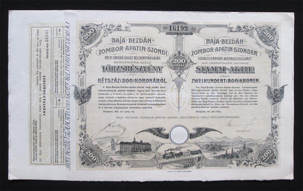 Baja-Bezdán-Zombor-Apatin-Szondi Vasút 200 korona 1912 (SRB)